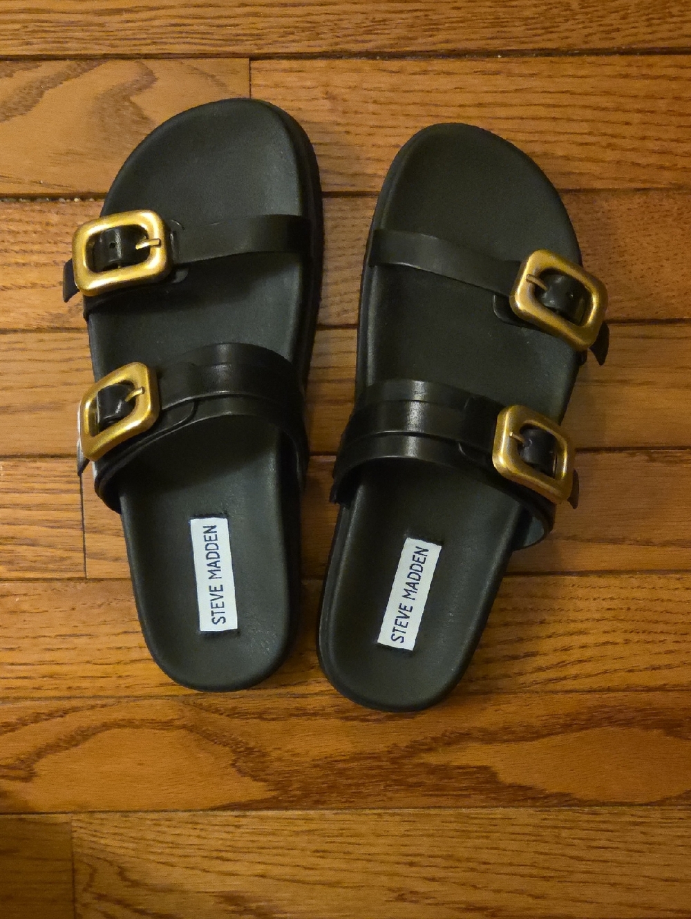 Steve Madden Black Slide Sandals with Gold Buckles